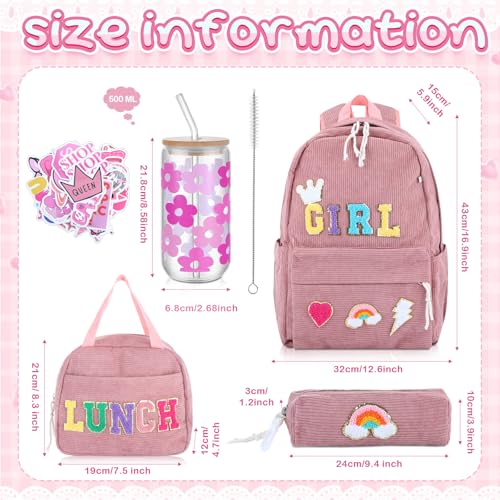 5 Pcs Preppy Corduroy Kids' Backpacks Set for Girls School Cute Pink Backpack Foldable Lunch Bag Pencil Case and Paper Back to School Bookbags Set2