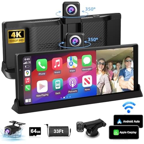 【350° Rotatable Lens】10.26''Wireless Apple CarPlay Screen for Car & 4K Dash Cam Portable Android Auto Car Stereo, Car Audio Receivers 1080P Backup Camera, Bluetooth/GPS Navigation/AirPlay/Googel/Siri Cover
