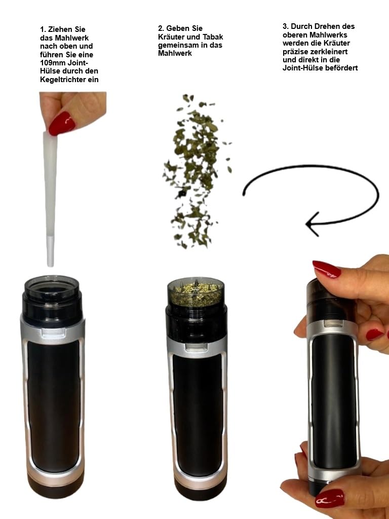 My Line Grinder mit geruchsneutraler Joint Aufbewahrung - Crusher für Kräuter,Tabak,Gewürz - Kräutermühle mit Joint Befüllung - Joint Zubehör- inklusive Reinigungsset (Silber)