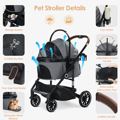TODEFULL Pet Stroller with 4 Wheels, 3 in 1 Folding Puppy Strollers for Small/Medium Dogs Cats up to 50lbs, Lightweight Pet Travel Carrier with Detachable Cushion, Storage Basket and Cup Holder, Gray - Image 6