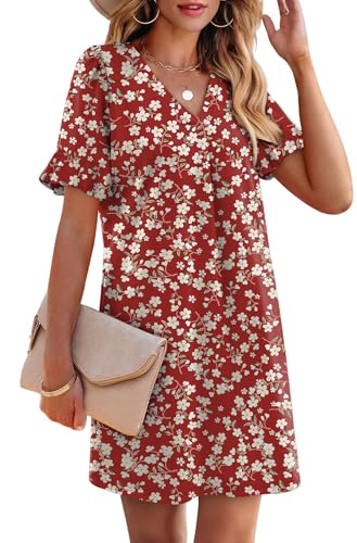 Image of OFEEFAN Summer Dresses for Women Ruffle Short Sleeve V Neck Casual Shift Dress with Pockets