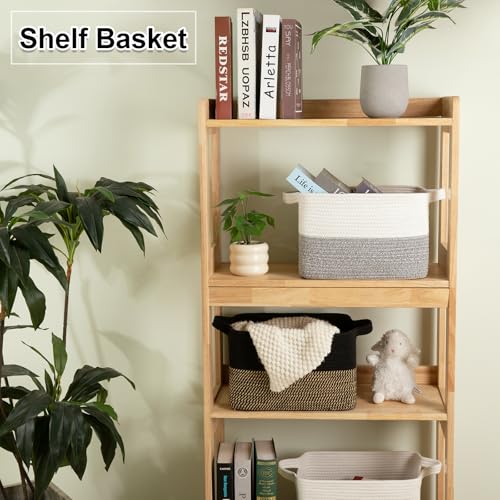 OIAHOMY Woven Storage Basket for Shelves, Rectangle Cotton Rope Baskets for Organizing, 13 x 10 x 9 in, Storage Bins for Dog Toys,Towel,Books,Gift,Grey and White - Image 2