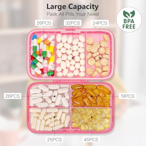 Image of FYY Weekly Pill Organizer with Labels,8 Compartments Travel Daily Pill Case Airtight Moistureproof Large Pill Box to Hold Vitamins, Fish Oil, Supplements,Cotton Swab and Bandages-Hot Pink