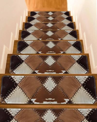 7 Pack Stair Treads for Wooden Steps, Cowhide Leather Collage
