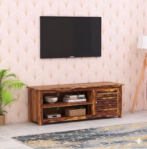 Image of Sheesham Wood Entertainment TV Unit Cabinet with 1 Door and 2 Shelf Storage for Home Living Room Multipurpose Furniture for Hall Office Decor (Honey Teak Finish)