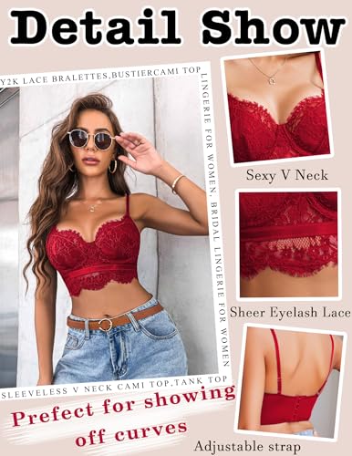 Image of Avidlove Lace Bralettes for Women Y2k Strap Bustier Cami Top V Neck Camisole Lingerie