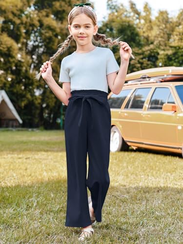 Image of Haloumoning Girls Wide Leg Pants High Elastic Smocked Waist Casual Flowy Cute Long Trousers
