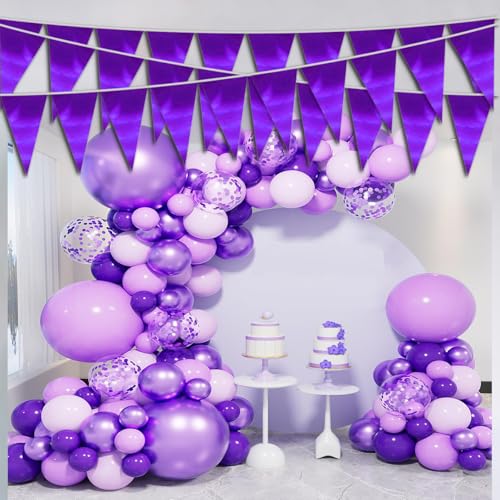 Image of 40M /130FT Purple Triangle Pennant Banner Flag Metallic Fabric Bunting Garland for Christmas Graduation Wedding Engagement Anniversary Bachelorette Birthday Bridal Shower Valentines Hen Party Supplies