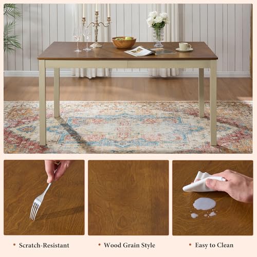 AMERLIFE 7-Piece Farmhouse Solid Wood Dining Table Set with 6 Upholstered Chairs, 60" Space Saving Dinner Table & Chairs Set, for Dining Room, Kitchen, Restaurant, Rustic Cream - Image 4