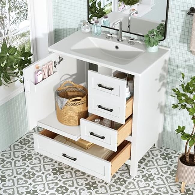 30 Inches White Bathroom Vanity with Sink, Solid Wood Frame, Soft Close Doors 3 Drawers, Removable Tray ¨C Storage Cabinet for Modern Bathrooms (3 Drawers + 1 Doors)