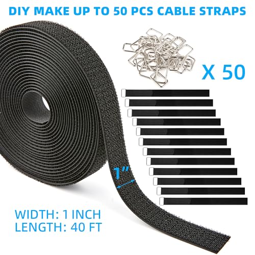Image of 1 inch x 40ft Reusable Cable Straps Roll with 50 Metal Buckles Adjustable Cut-to-Length Nylon Cable Ties and Fastening Straps for Organizing and Storage Black