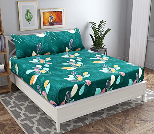 Image of VAS COLLECTIONS Premium Cotton Elastic Fitted Bedsheets with 2 Pillow Covers | Double Bed with All Around Elastic 180 TC Supersoft & Longlasting | Size - 72x78+10 inches | Green Leaf
