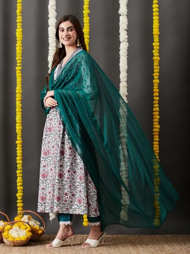 Image of GoSriKi Women's Cotton Blend Anarkali Printed Kurta with Pant & Dupatta
