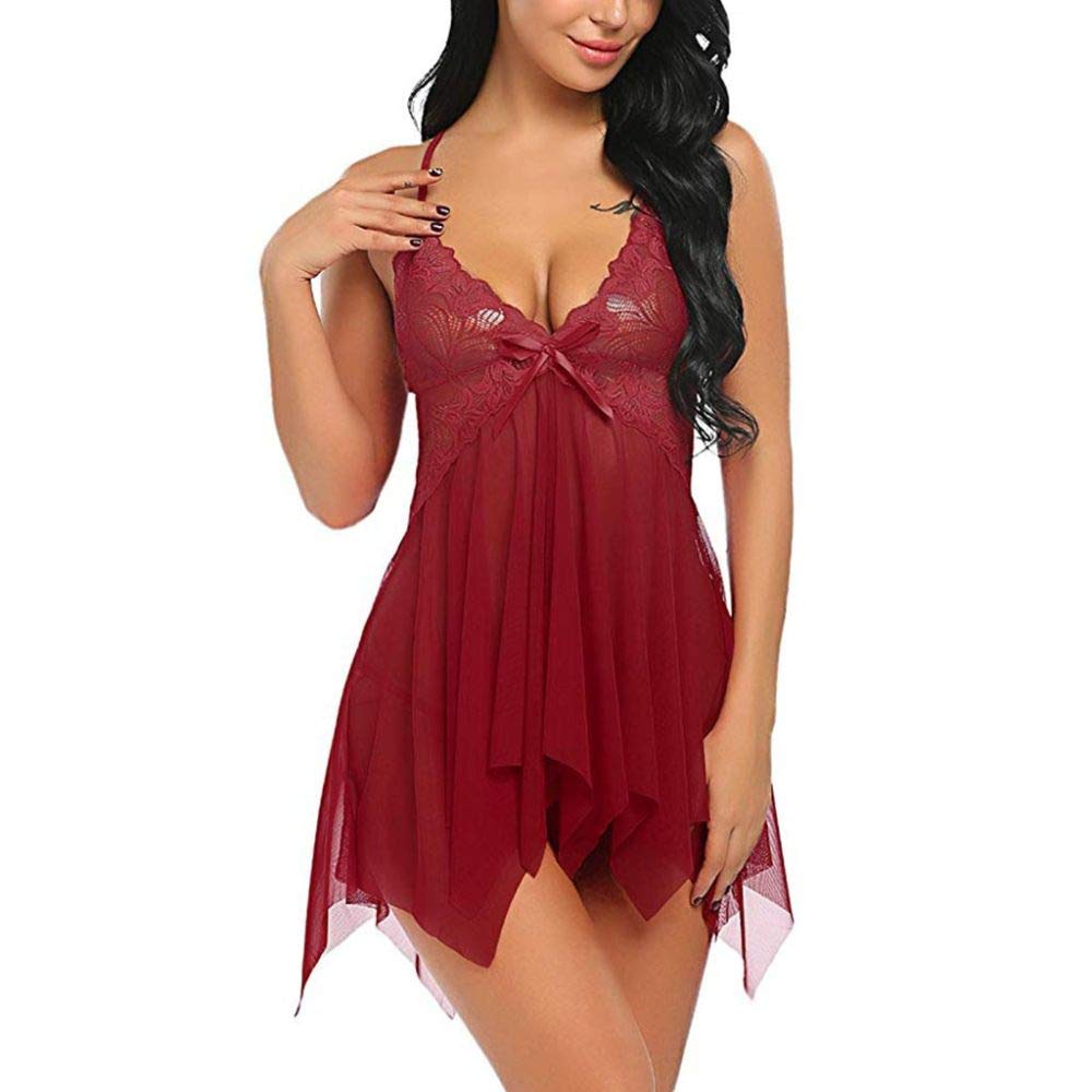 Lencería de Encaje Abierta con Tanga, Espalda Descubierta, Escote en V, camisón de Malla Transparente, Ropa Interior, camisón de Dormir (Vino Rojo S) L