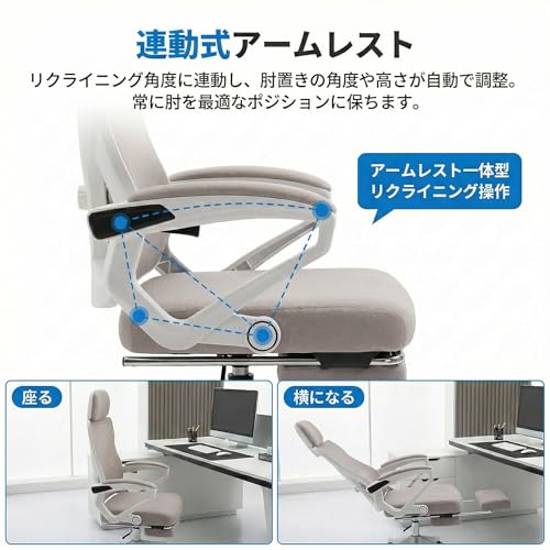 MOKUTO オフィスチェア 人間工学デザイン メッシュ S字型背もたれ 椅子 360度回転 リクライニング機能付き 伸縮式フットレスト付き ワークチェア 高さ調整可能 チェア デスクチェア 疲れない ホワイト [5]