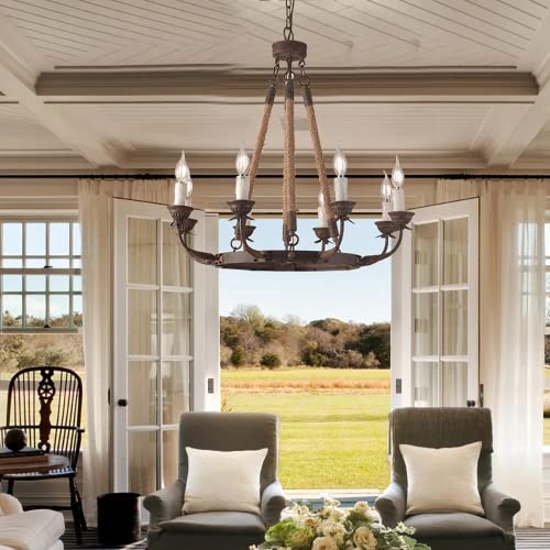 Lovedima Farmhouse Candle Chandeliers Vintage 8-Light Flaxen Hemp Rope Chandelier Rustic Hanging Ceiling Pendant Light Fixture #TOP3