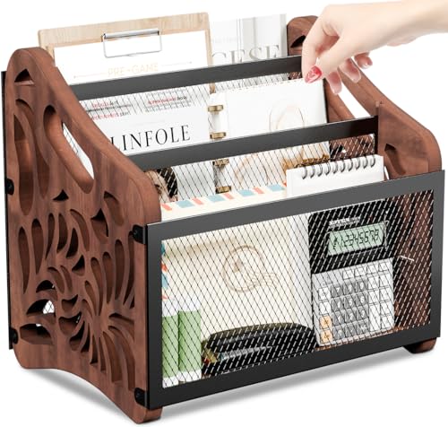 QILICHZ Magazine Holder,3-Compartment Magazine Rack Floor,Wood Magazines File Holder Organizer,Rustic