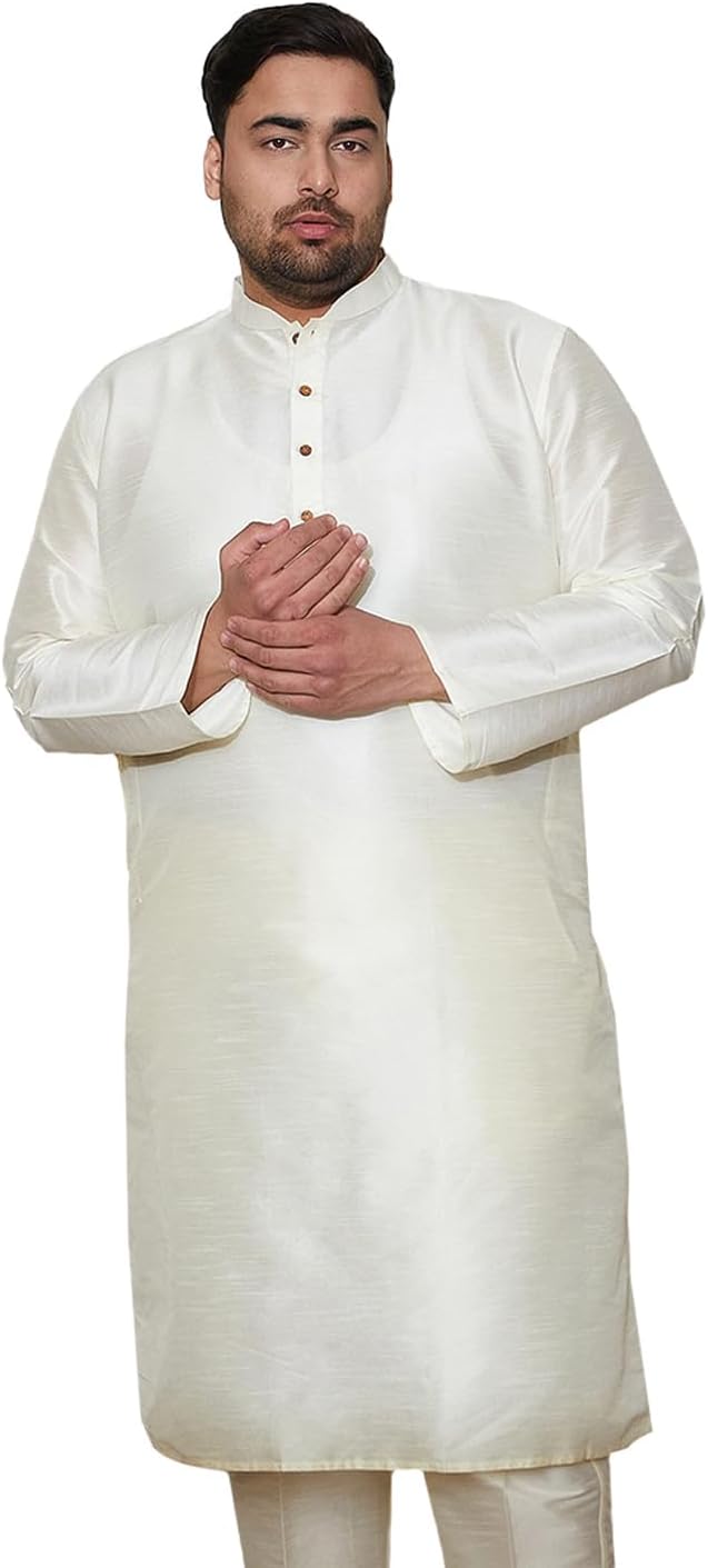 Vastramay Men's Yellow Silk Blend Banarasi Kurta, Full Sleeve, Mandarin Neck, Regular Fit, Festive, Soft Comfortable Feel, Solid Design for Traditional Occasions