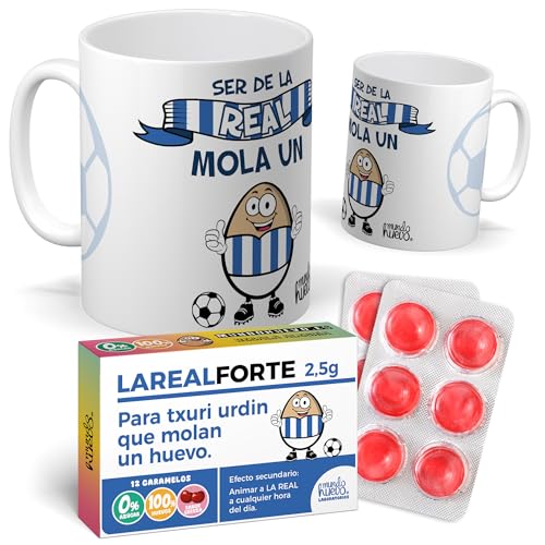 Pack taza + caramelos | Ser de la Real Mola un Huevo | Regalo divertido para aficionados del Real Sociedad | Idea original para cumpleaños, Navidad o Día del Padre | Cerámica AAA 350 ML