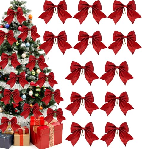 QXNDXQ 12PCS Lazos de Navidad Rojos, Purpurina Lazo de Árbol de Navidad Decorativa, 14x15 CM Arcos de Cinta de Navidad, para días Festivos, Cumpleaños, Bodas, Fiestas y Celebraciones Navideñas