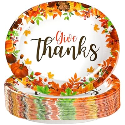 50 Count Thanksgiving Oval Plates, 10" X 12.5" Heavy Duty Paper Plates, Large Disposable Dinner Plates Give Thanks Party Platters Thanksgiving Dinnerware Set, Autumn Fall Harvest Decor Event Supplies