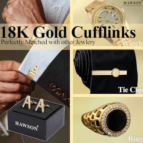 HAWSON Mens Cufflinks with Chain, Personalized A-Z Initial Cuff Links for Groom Husband Father Shirt - 18K Gold3