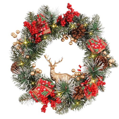 Image of Christmas Wreaths for Front Door 16 Inch, Artificial Christmas Wreath with Light, Pre-Lit Winter Wreaths with Pine Cones, Berry Clusters Reindeer, Xmas Wreaths for Indoor Outdoor Window Porch Decor