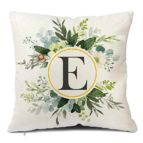 Snycler Monogram Letter E Throw Pillow Covers Floral 18x18 Inch, Greenery Spring Pillows Decorative Throw Pillows Pillowcase Summer Farmhouse Decor for Couch Sofa, Family Last Name Initial Pillow Case
