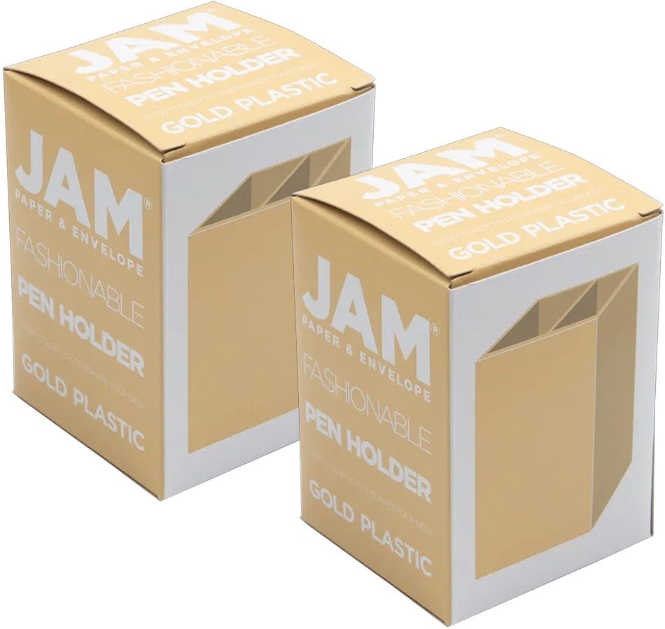 Image of JAM PAPER Plastic Pen Holders - Gold Desktop Pencil Cups - 2 /Pack
