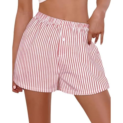 Boxer Shorts for Women Summer Gingham Pajama Casual Plaid Shorts Y2K Beach Bottoms with Pocket Small Red Stripe