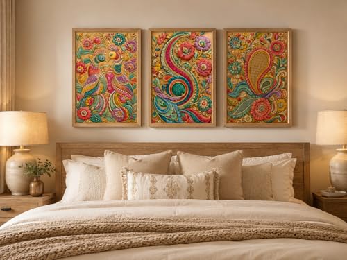 Image of Livin'luxe Set of 3 Colorful Peacock Paisley Floral Wall Paintings for Living Room Bedroom Home Decor with Premium Wooden Color Synthetic Frame (13.5 x 19.5 Inch) NM03-78