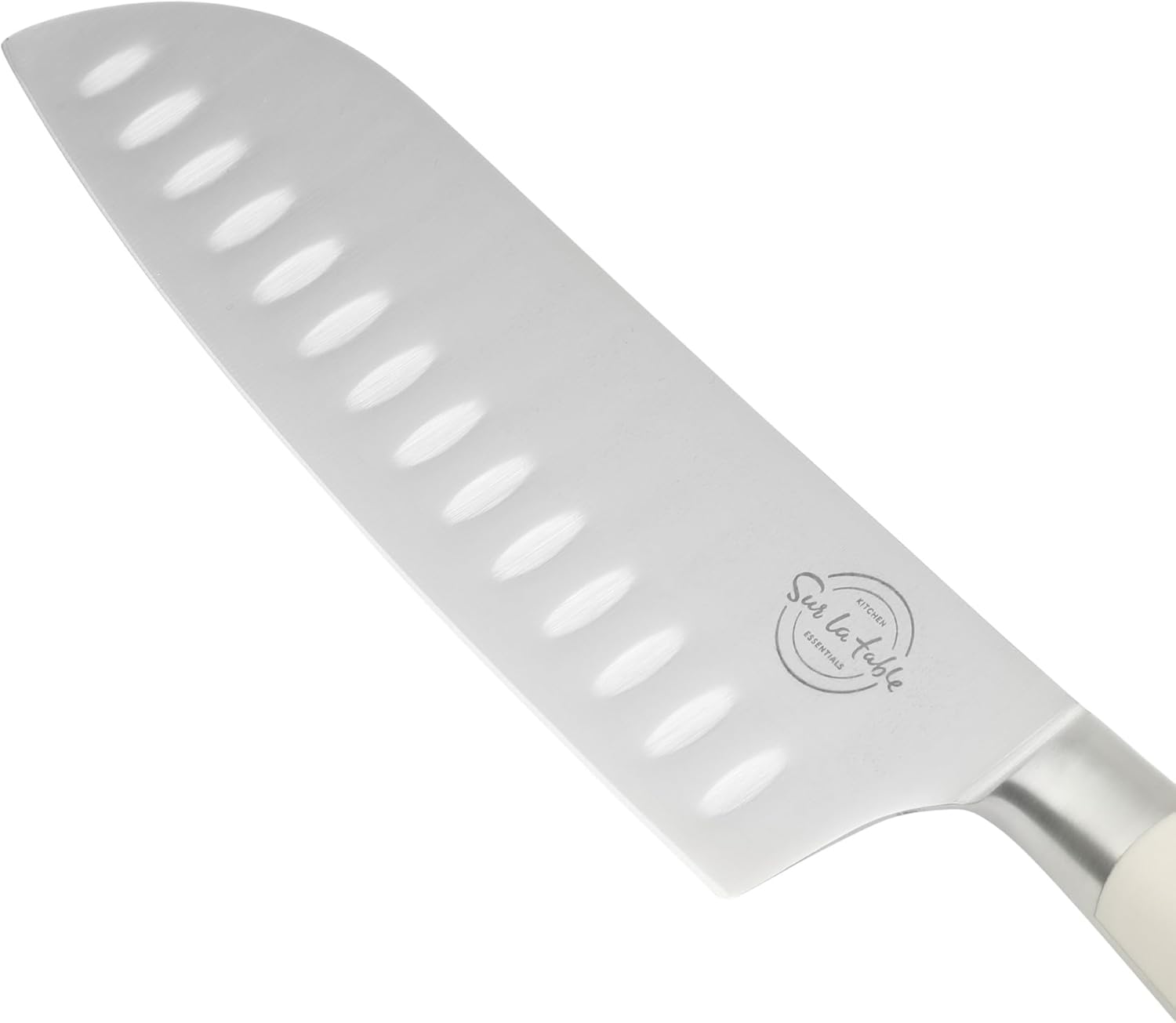 Sur La Table Kitchen Essential Tasting Kitchen German Steel Santoku Knife, 7-Inch Stainless Steel Blade – Professional Kitchen Knife with White Handle and Forged Full Tang
