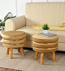 NACIA Ottoman Stool for Living Room Set of 2 Sitting Pouffes upholstered pouffe Puffy for Foot Rest Home Furniture Mudda Pouf Round Sitting 4 Wooden Legs Foot Stool for Office Room D?cor, Beige