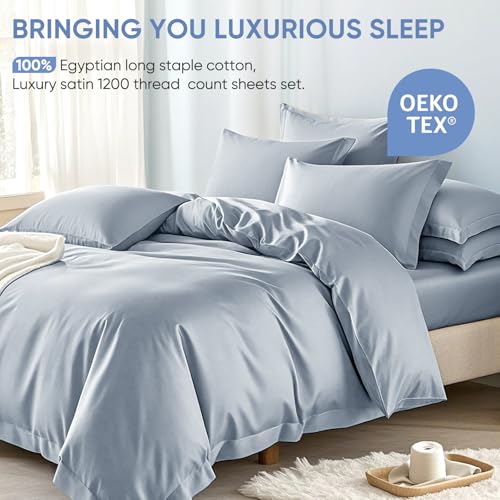 Image of TWK 100% Egyptian Cotton 1200 Thread Count Bedding Set, Generous Thickness, Long-Lasting Wear Resistance, Pilling Proof, Deep Pockets Fit Up to 18 inch (French Blue, Full)