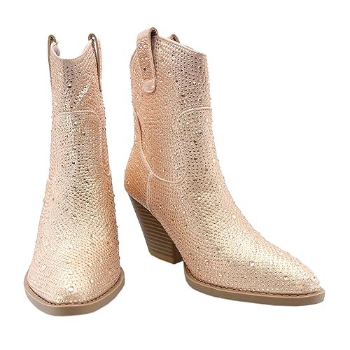 Image of ABSOLEX Women Western Cowgirl Cowboy Pointed Toe Rhinestone Ankle Booties | Casual Boots
