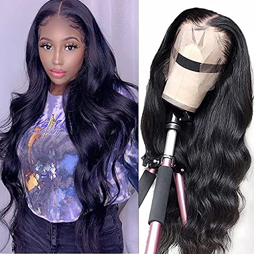 SUNYUON 13X4 Lace Front Wigs Human Hair Body Wave HD Lace Frontal Wig Pre Plucked with Baby Hair Brazilian Virgin Human Hair Wigs for Black Women 150% Density Natural Color（24inch）