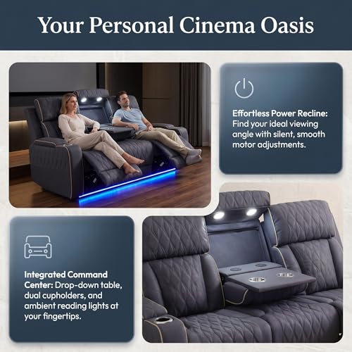 Image of Power Recliner Sectional Sofa Couches with Bass Speakers for Living Room, Leather Wall Hugger Reclining Corner Couch Sets with 4 Home Theater Seat, USB Port, Cup Holder, Storage Console