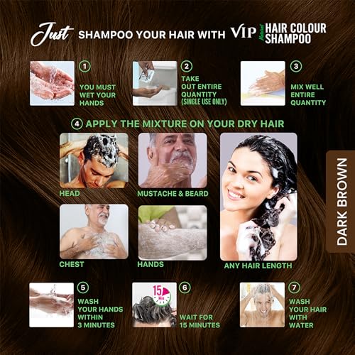 Image of VIP Hair Colour shampoo Semi Permanent Hair Color at home with 100% Grey Coverage, Travel Friendly Pocket Dark Brown Sachet, 10ml(Pack of 10)