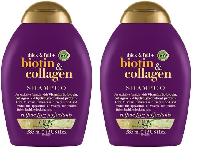 OGX Biotin & Collagen Thick & Full+ Shampoo (385 ml), champú voluminizador de biotina y colágeno, con tensioactivos sin sulfatos, texturizador de cabello con 72 h de volumen