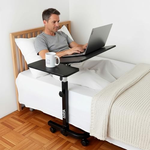 KMINA Betttisch auf Rollen höhenverstellbar, Beistelltisch für Bett und Pflegebett, Überbetttisch mit neigbarer Tischplatte, Krankentisch fahrbar, Laptoptisch für Senioren, Schwarz