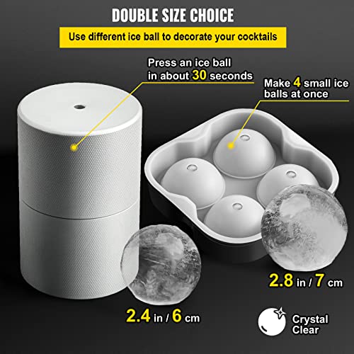 VEVOR Ice Ball Press Kit, Anodized 7075 Aluminum, w/Silicone Moulds, Large Mat, Stainless Steel Tong & Two Glasses, Double Size Crystal Clear Rounds Whiskeys, Cocktails on Parties & Holidays Silver