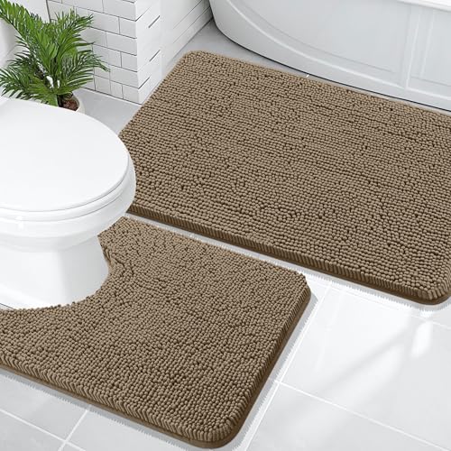 Image of OLANLY Bathroom Rugs Sets 2 Piece, Soft Absorbent Chenille Bath Mats and U-Shaped Contour Toilet Mat Area Rug Set, Machine Washable Bath Carpet, Home Decor Accessories(36 inchx24 inch+24 inchx20 inch, Tan)