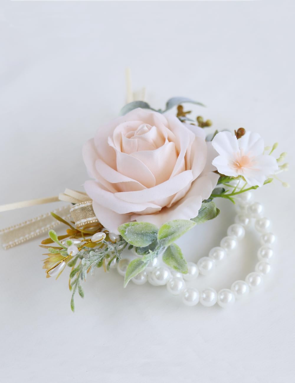 Wedding Bride, Bridesmaid Wrist Flowers, Champagne-Colored Wrist Flowers