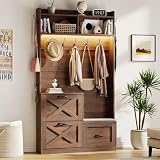Maupvit Entryway Hall Tree with Bench and Shoe Storage, 5-in-1 Narrow Hall Tree with LED Light, Cushioned Stool & 9 Hooks, 2 Flip Drawers, 78" Coat Shoe Rack for Mudroom, Hallway, Living Room, Walnut