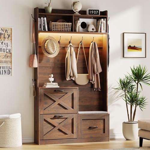 Maupvit Entryway Hall Tree with Bench and Shoe Storage, 5-in-1 Narrow Hall Tree with LED Light, Cushioned Stool & 9 Hooks, 2 Flip Drawers, 78" Coat Shoe Rack for Mudroom, Hallway, Living Room, Walnut