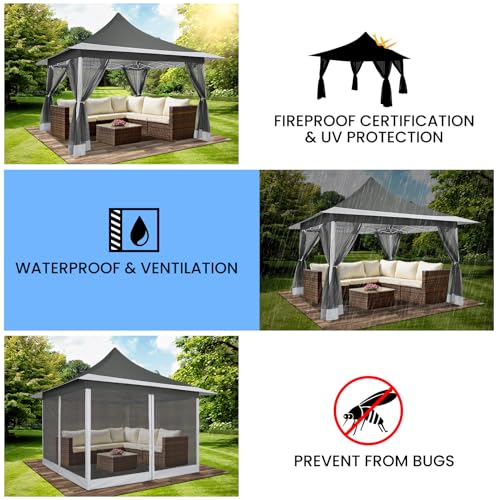 Image of COBIZI 12x12 Pop up Canopy Gazebo on Clearance, Outdoor Canopy Tent with Mosquito Netting & Sandbags,Patio Portable Gazebo for Garden,Backyard & Lawn,Darkgrey