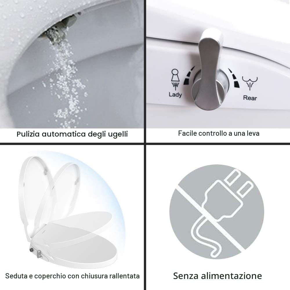 Sedili WC bidet con doppio ugello autopulente non elettrico separato posteriore e femminile, pulizia naturale spruzzo, sedile WC morbido chiuso combinato bidet wc