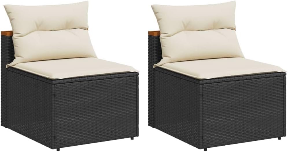 vidaXL Patio Sofas Armless with Cushions 2 Pcs, Outdoor Single Sofa Chair, Patio Furniture for Balcony Garden, Outdoor Seating, Black Poly Rattan
