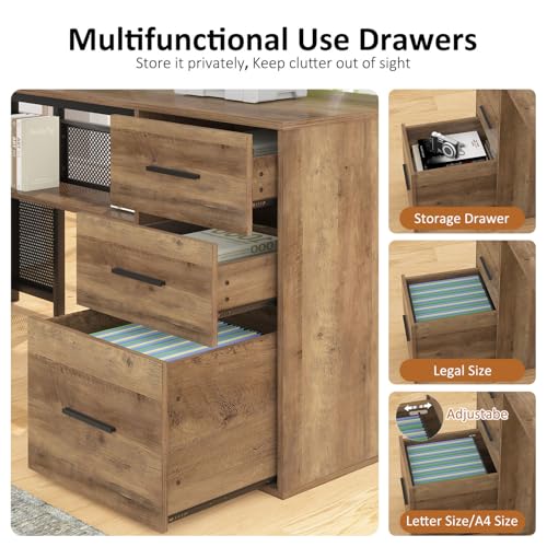 HSH Large L Shaped Home Office Desk with Drawers, Rustic L-shaped Computer Desk with Storage File Cabinet Shelves, Corner Reversible Metal Wood Executive Work Study Writing Table, 59 Inch Bedroom Desk