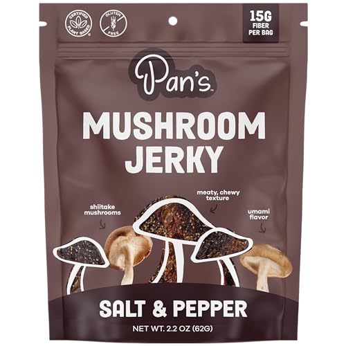 Pan's Mushroom Jerky, Organic, Vegan Snacks, Dried Mushrooms Shitake, Plant based Jerky, Meatless Jerky, Gluten Free, High in Fiber, with Salt & Pepper flavor (2.2 Ounce, Pack of 1)